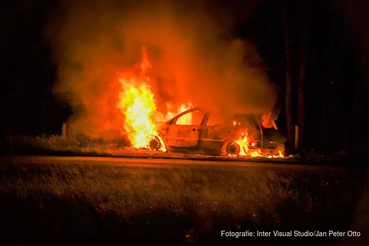 Auto in brand tegen boom in Hilversum