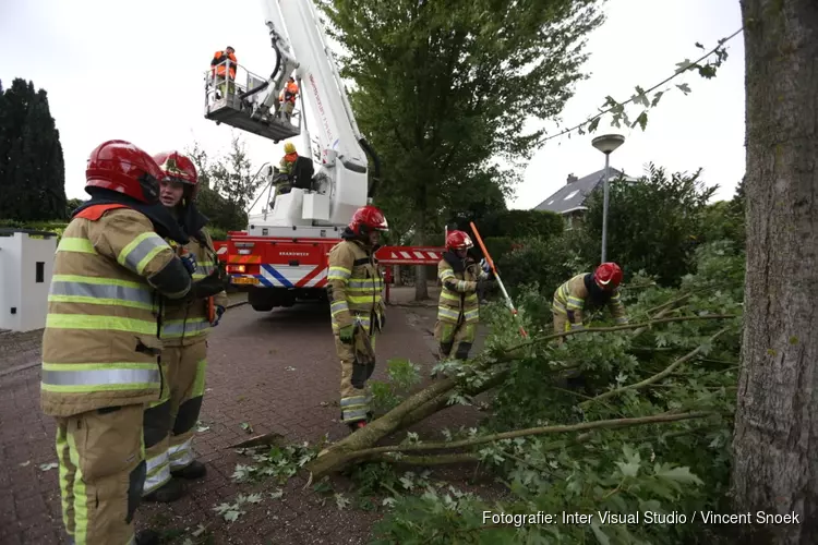 Gevaarlijk hangende tak door brandweer verwijderd